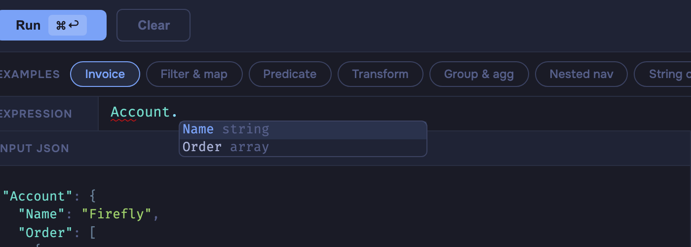 Autocomplete dropdown showing Name (string) and Order (array) fields