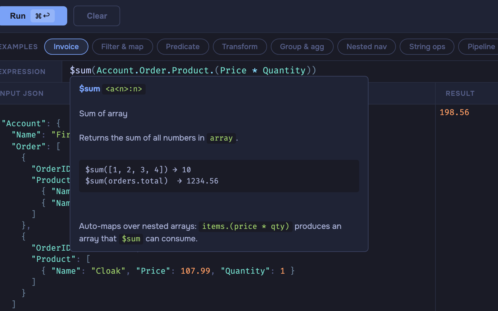 Hover tooltip showing $sum documentation with examples